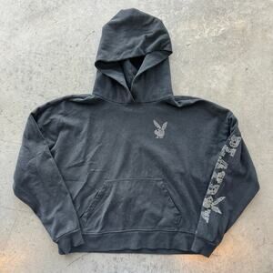 Vintage Y2K Playboy Rhinestone Mcbling Pullover Hoodie Black Longsleeve Small